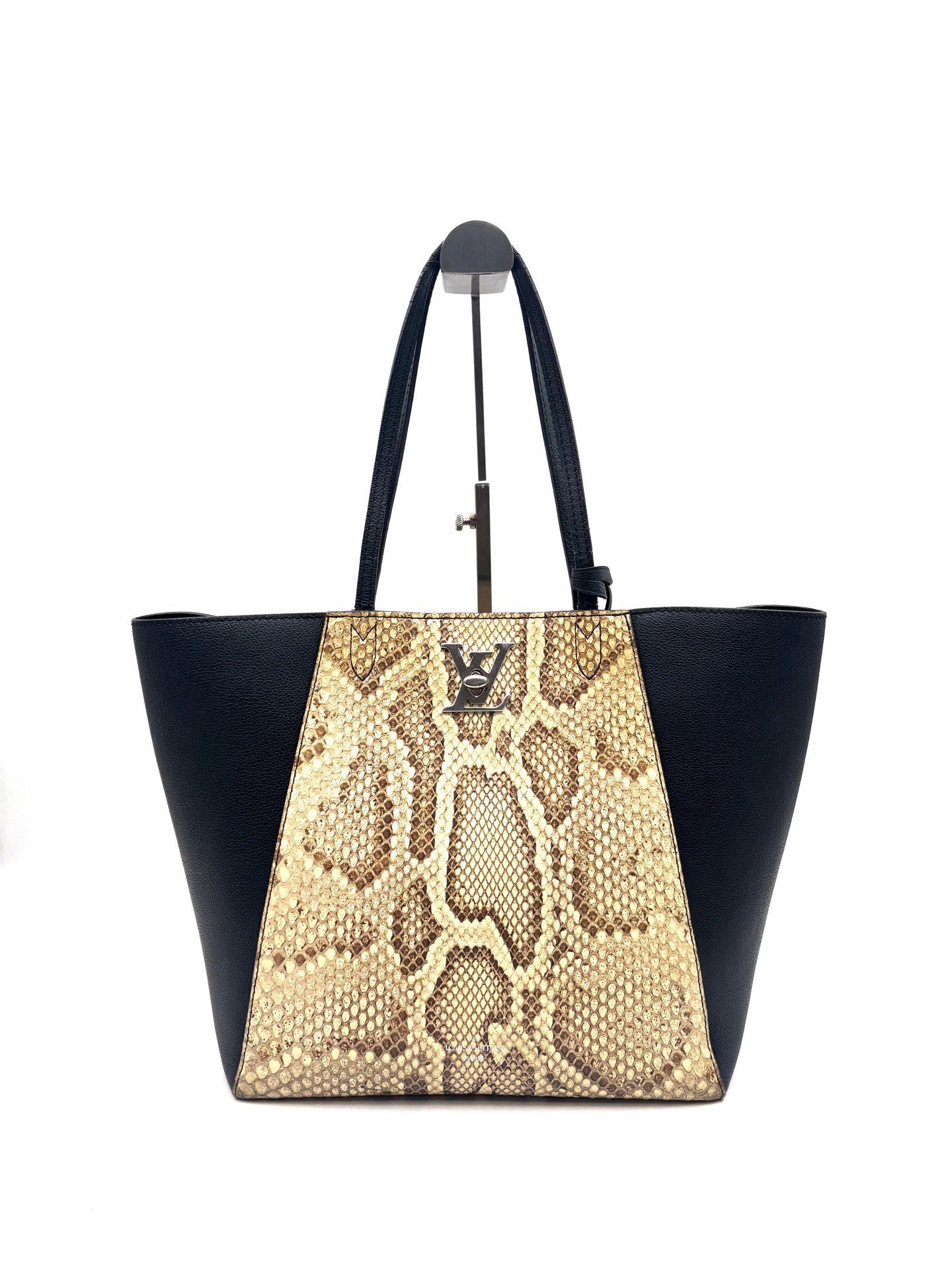 Louis Vuitton - Lockme Tote - Pebbled leather and python leather - Black with beige and brown python - (medium)