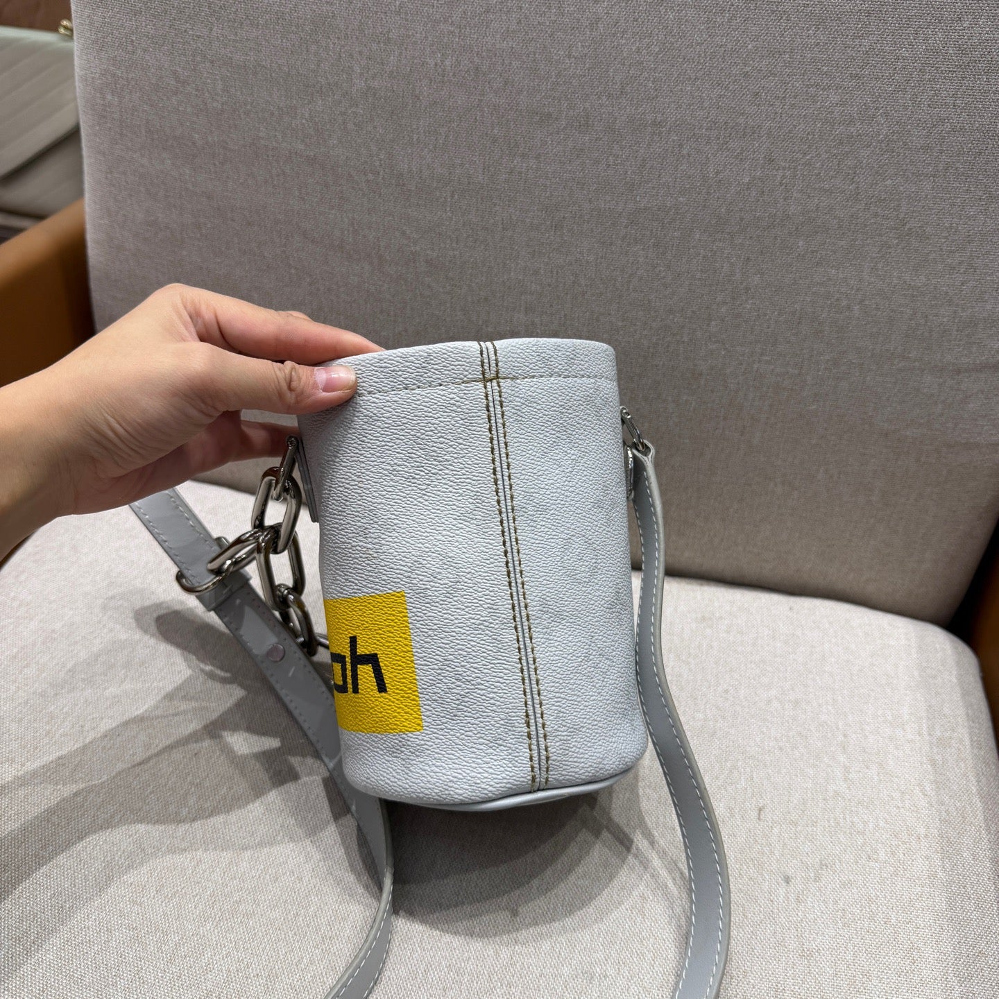 Louis Vuitton - Mini Bucket Bag - Grained leather with Monogram embossing and coated canvas band - Grey with Yellow accent - (mini)