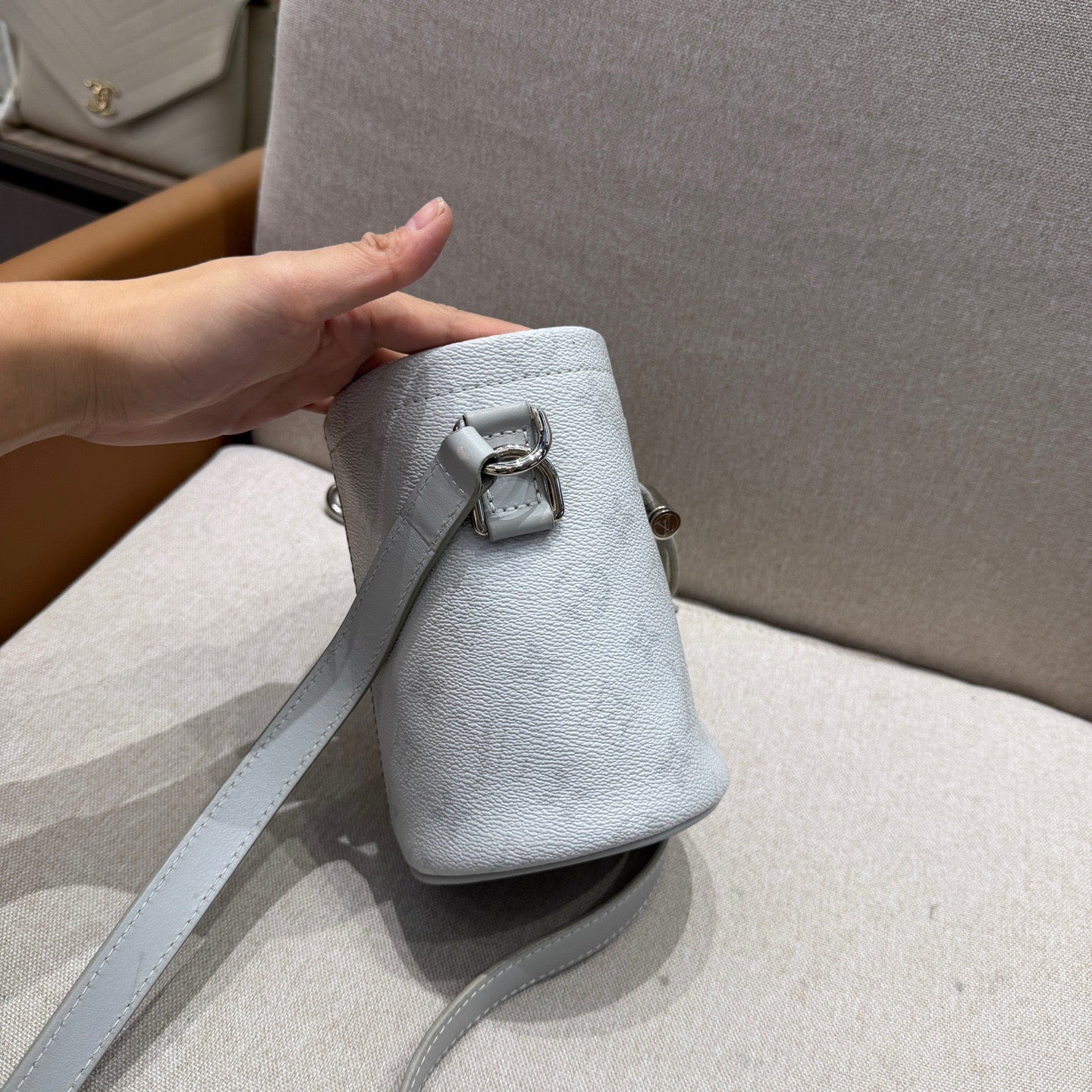 Louis Vuitton - Mini Bucket Bag - Grained leather with Monogram embossing and coated canvas band - Grey with Yellow accent - (mini)