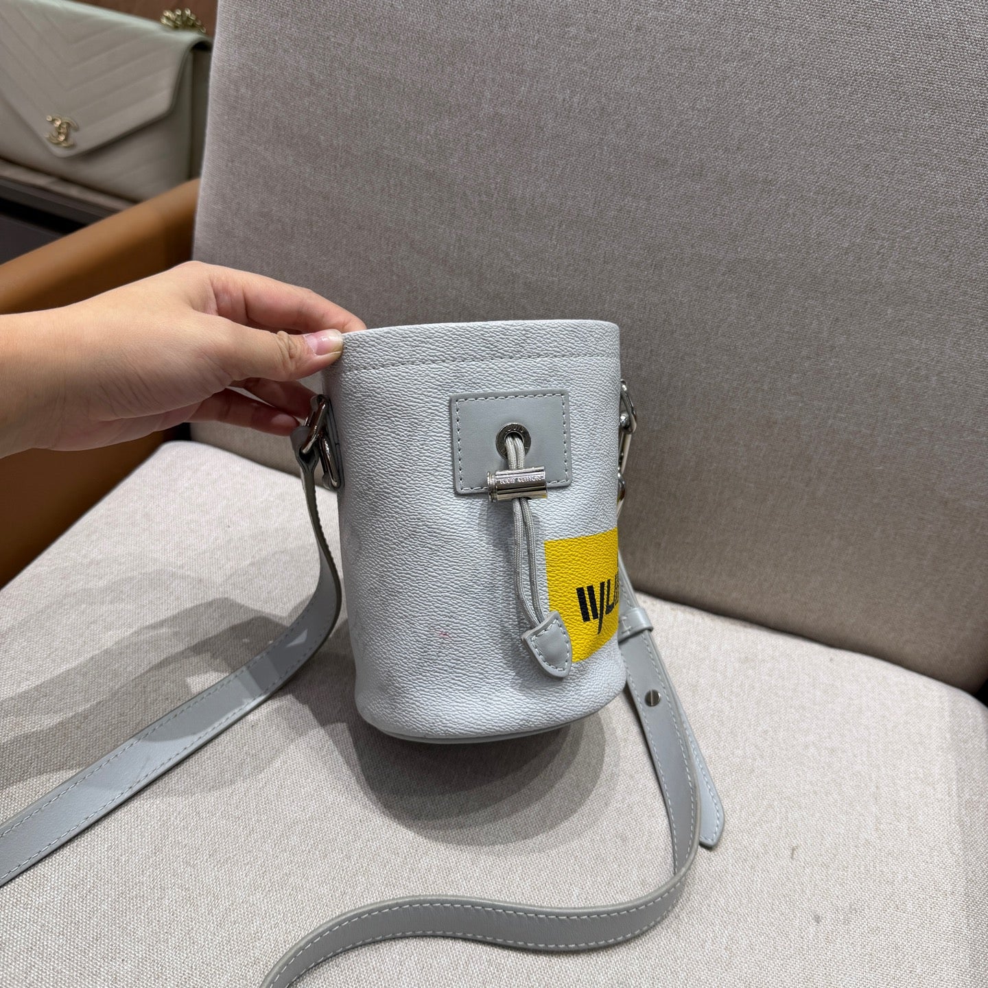Louis Vuitton - Mini Bucket Bag - Grained leather with Monogram embossing and coated canvas band - Grey with Yellow accent - (mini)