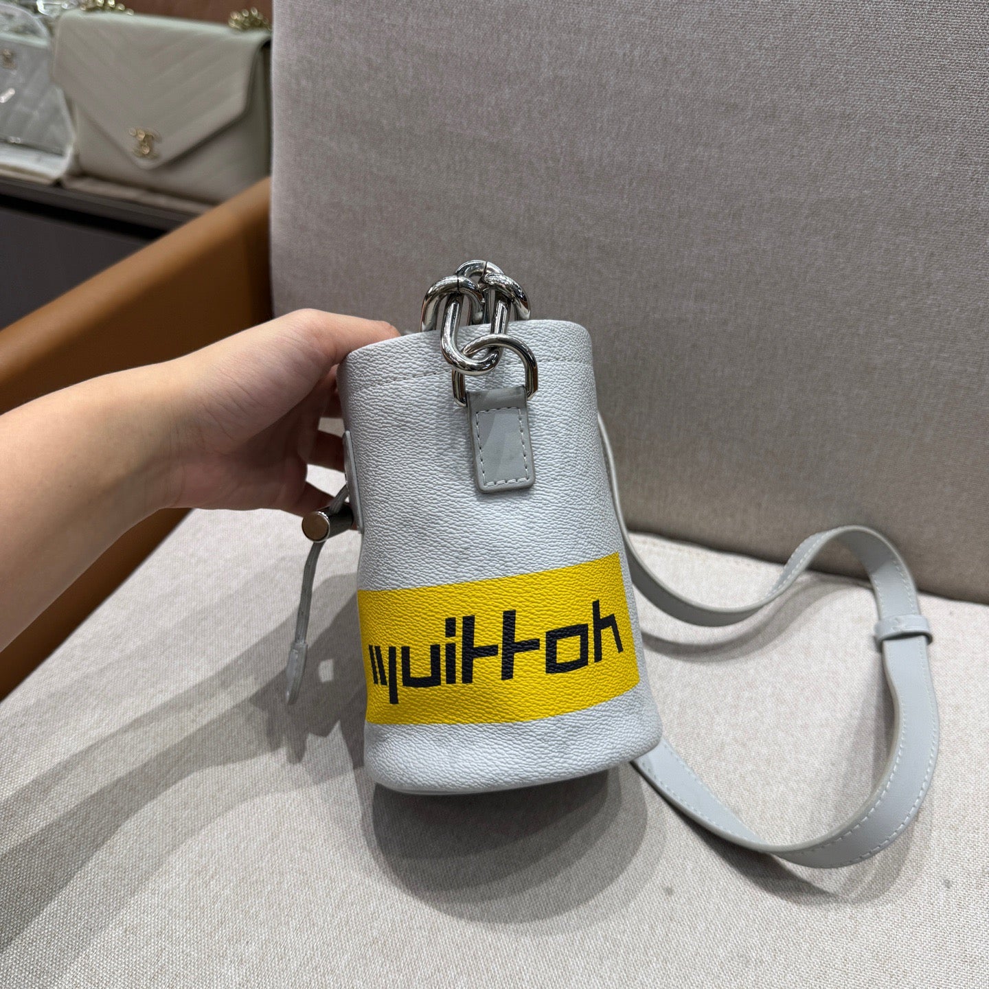 Louis Vuitton - Mini Bucket Bag - Grained leather with Monogram embossing and coated canvas band - Grey with Yellow accent - (mini)