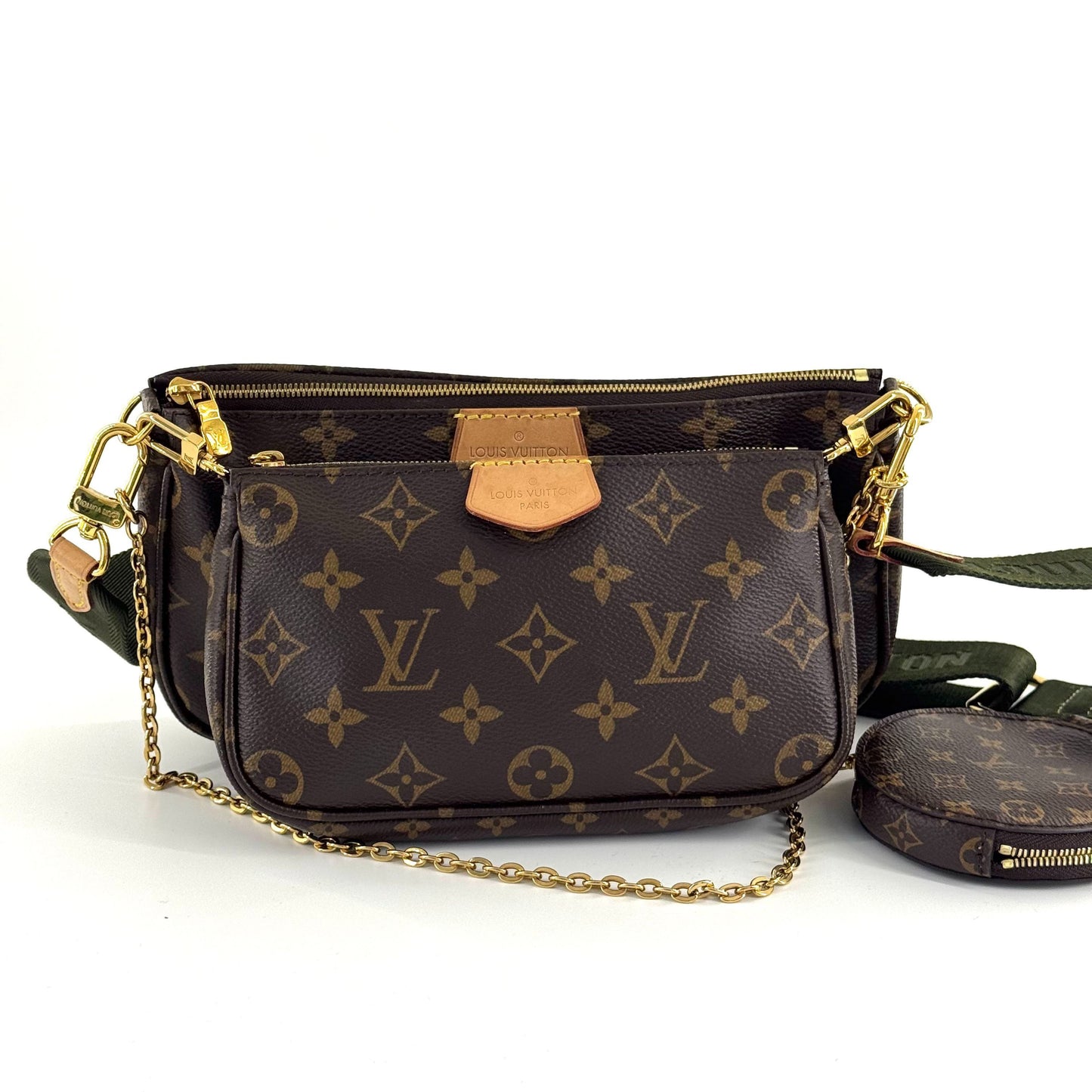 Louis Vuitton - Multi Pochette Accessoires - Monogram coated canvas with natural cowhide leather trim - Brown Monogram, natural Vachetta, green strap, gold-tone hardware - (Medium)