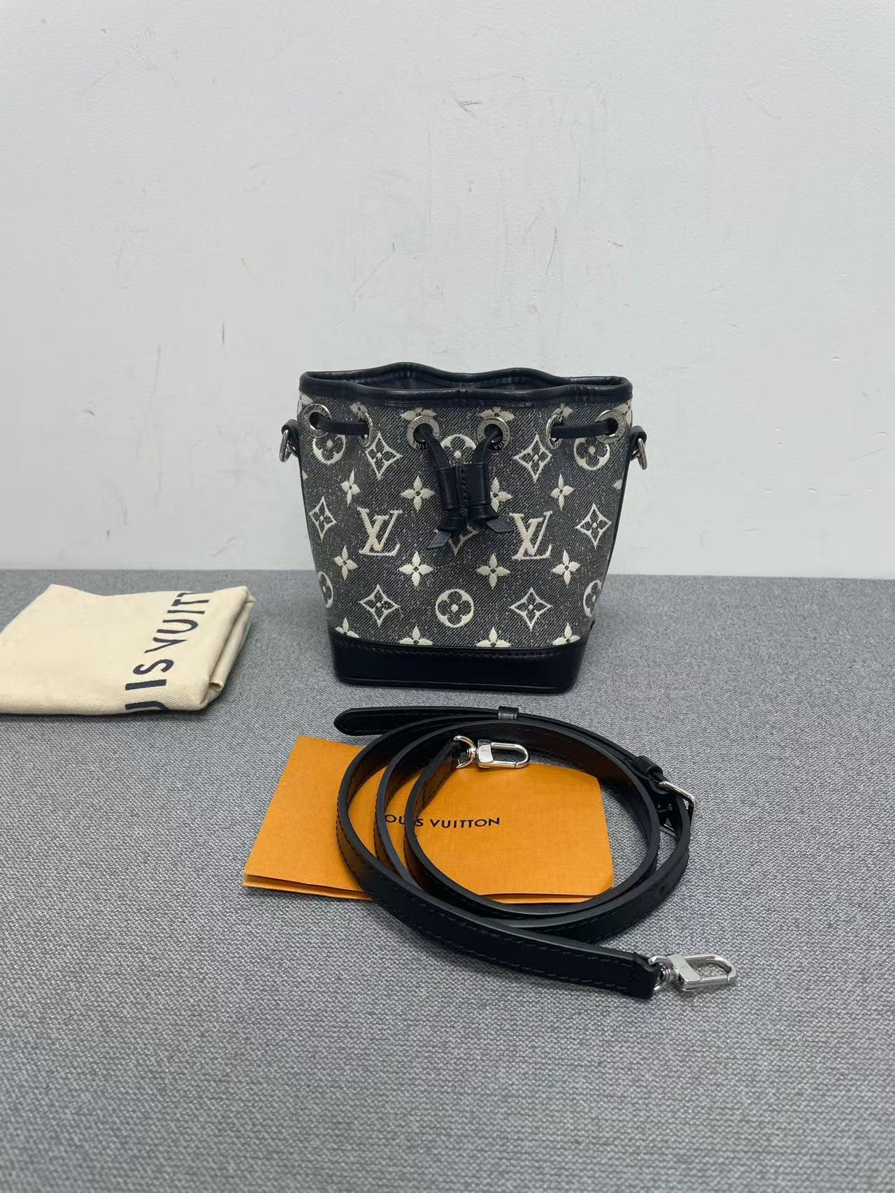 Louis Vuitton - Nano Noé - Denim - Black and White Monogram on Grey Denim with Black Leather Trim - (mini)