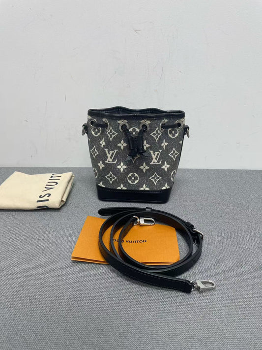 Louis Vuitton - Nano Noé - Denim - Black and White Monogram on Grey Denim with Black Leather Trim - (mini)