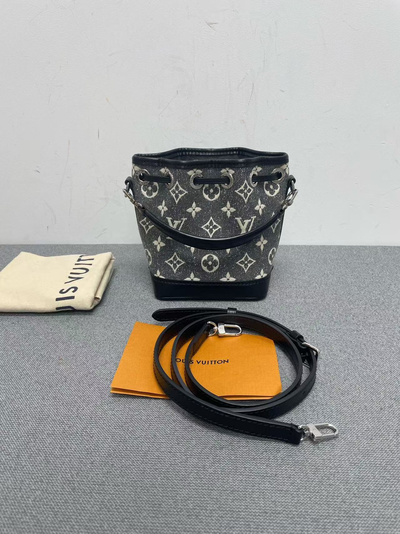 Louis Vuitton - Nano Noé - Denim - Black and White Monogram on Grey Denim with Black Leather Trim - (mini)