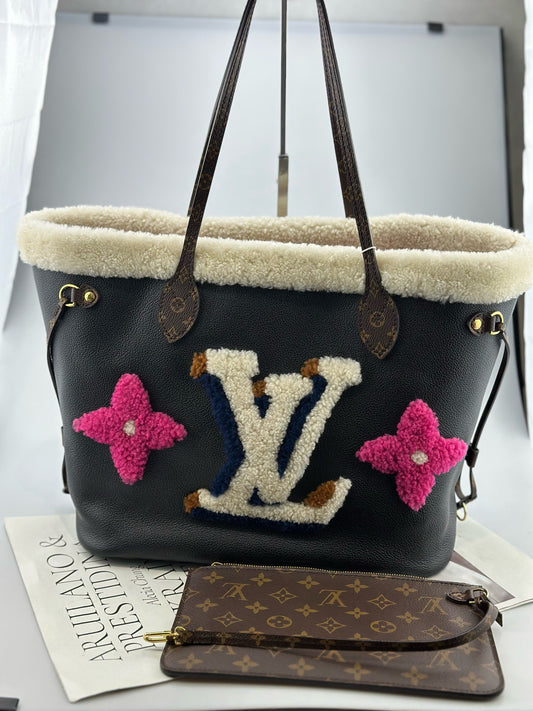 Louis Vuitton - Neverfull - Grained cowhide leather with wool and Monogram canvas trim - Black with multicolour wool accents and dark brown Monogram trim - (Medium)