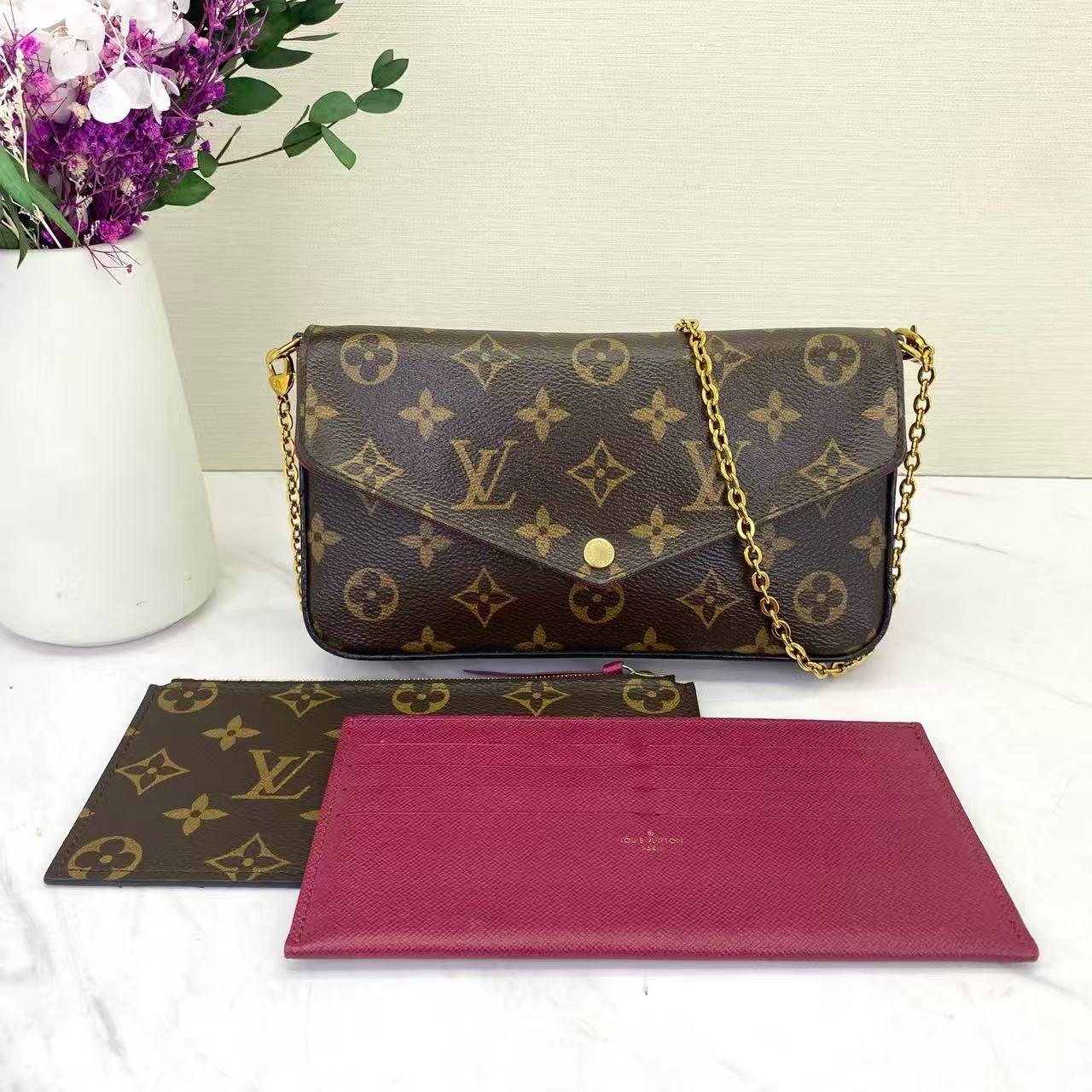 Louis Vuitton - Pochette Félicie - Monogram coated canvas with leather trim and textile lining; grained leather insert - Brown with fuchsia interior and insert - (Small)