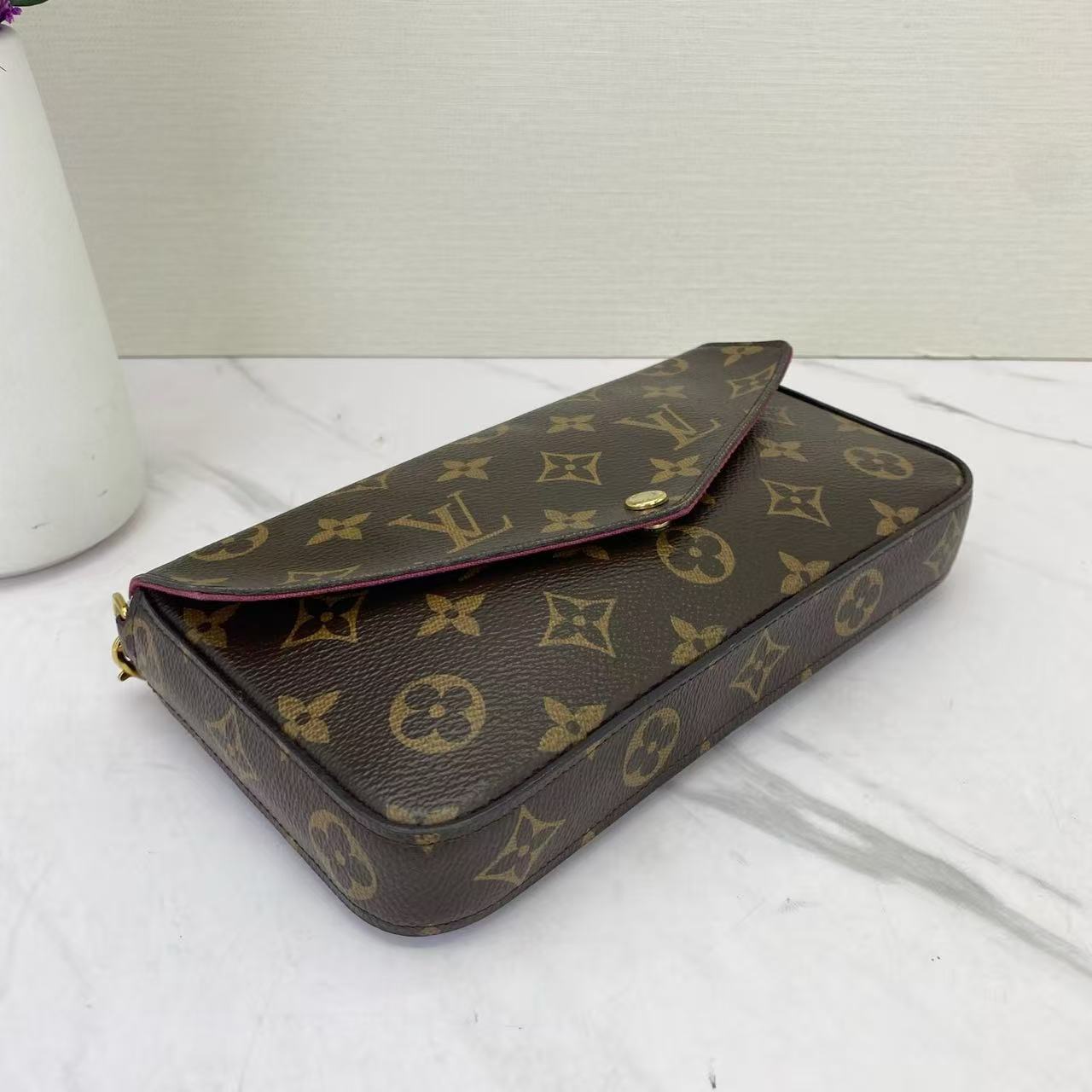 Louis Vuitton - Pochette Félicie - Monogram coated canvas with leather trim and textile lining; grained leather insert - Brown with fuchsia interior and insert - (Small)