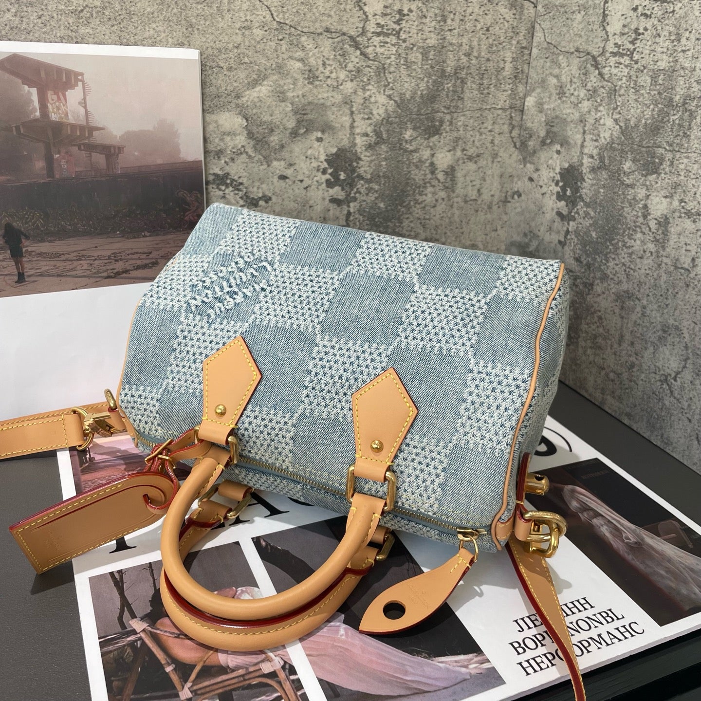 Louis Vuitton - Speedy 25 Damier Denim 3D - Denim - Jeans with Vachetta leather trim - Blue - (small)