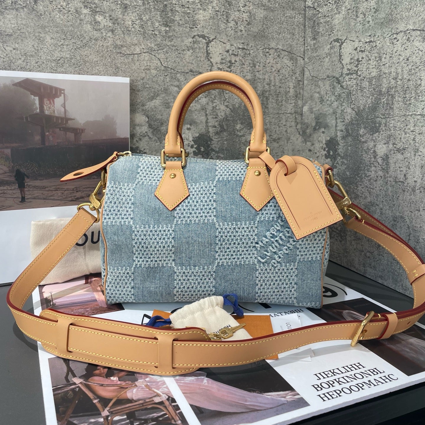 Louis Vuitton - Speedy 25 Damier Denim 3D - Denim - Jeans with Vachetta leather trim - Blue - (small)