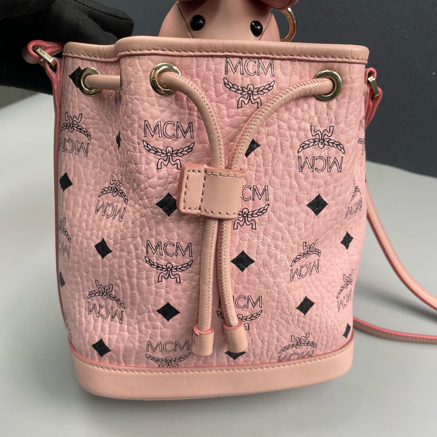 MCM - Visetos Monogram Rabbit Drawstring Bucket Bag - MCM Visetos coated canvas with leather trim - Pink - (mini)