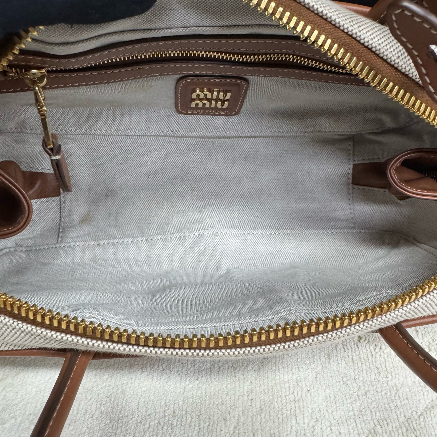 Miu Miu - Bowling Bag - Canvas and leather - Beige with Brown trim - (Small)