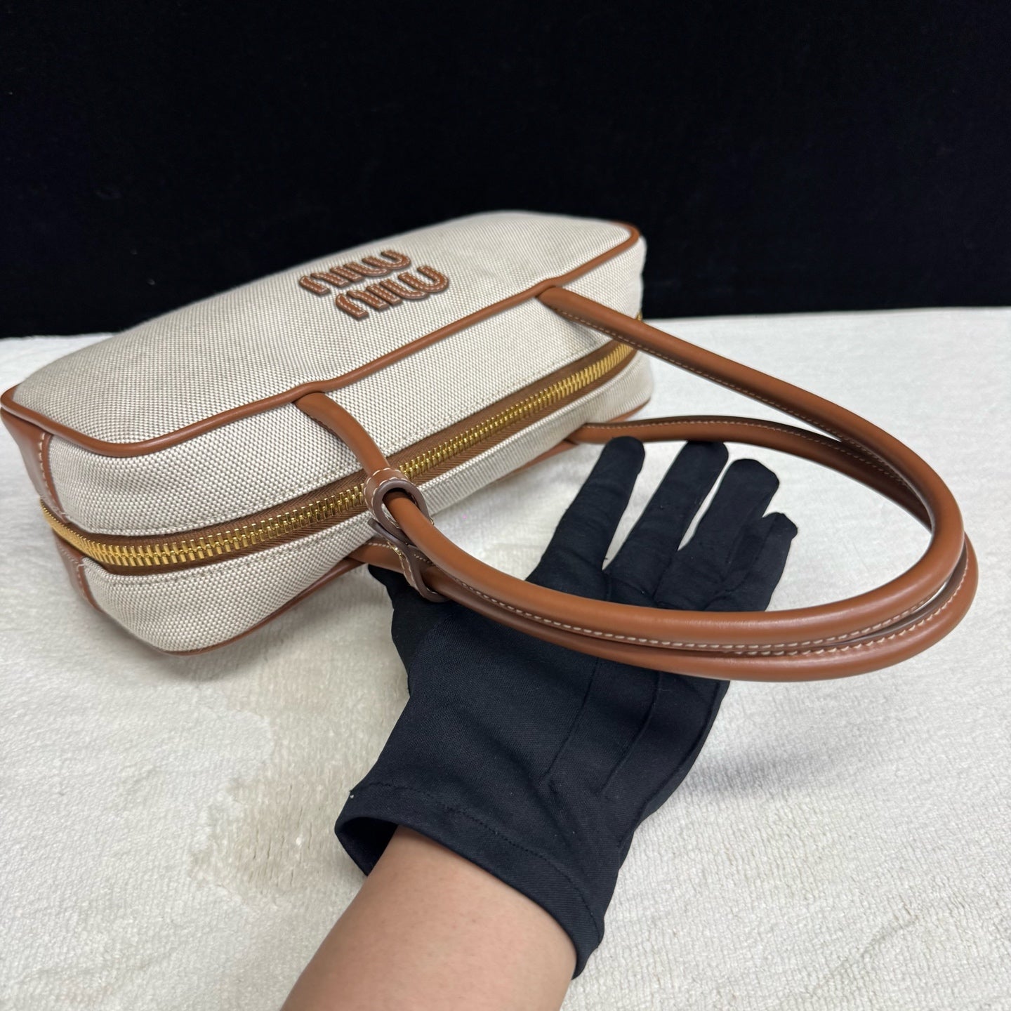 Miu Miu - Bowling Bag - Canvas and leather - Beige with Brown trim - (Small)