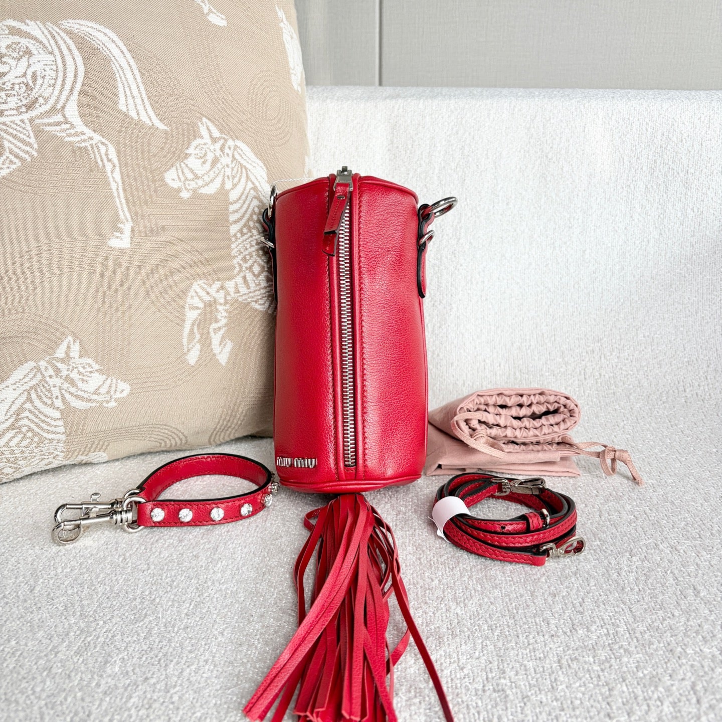 Miu Miu - Cylindrical Tassel Rhinestone Top Handle Bag - Grained leather - Red - (mini)