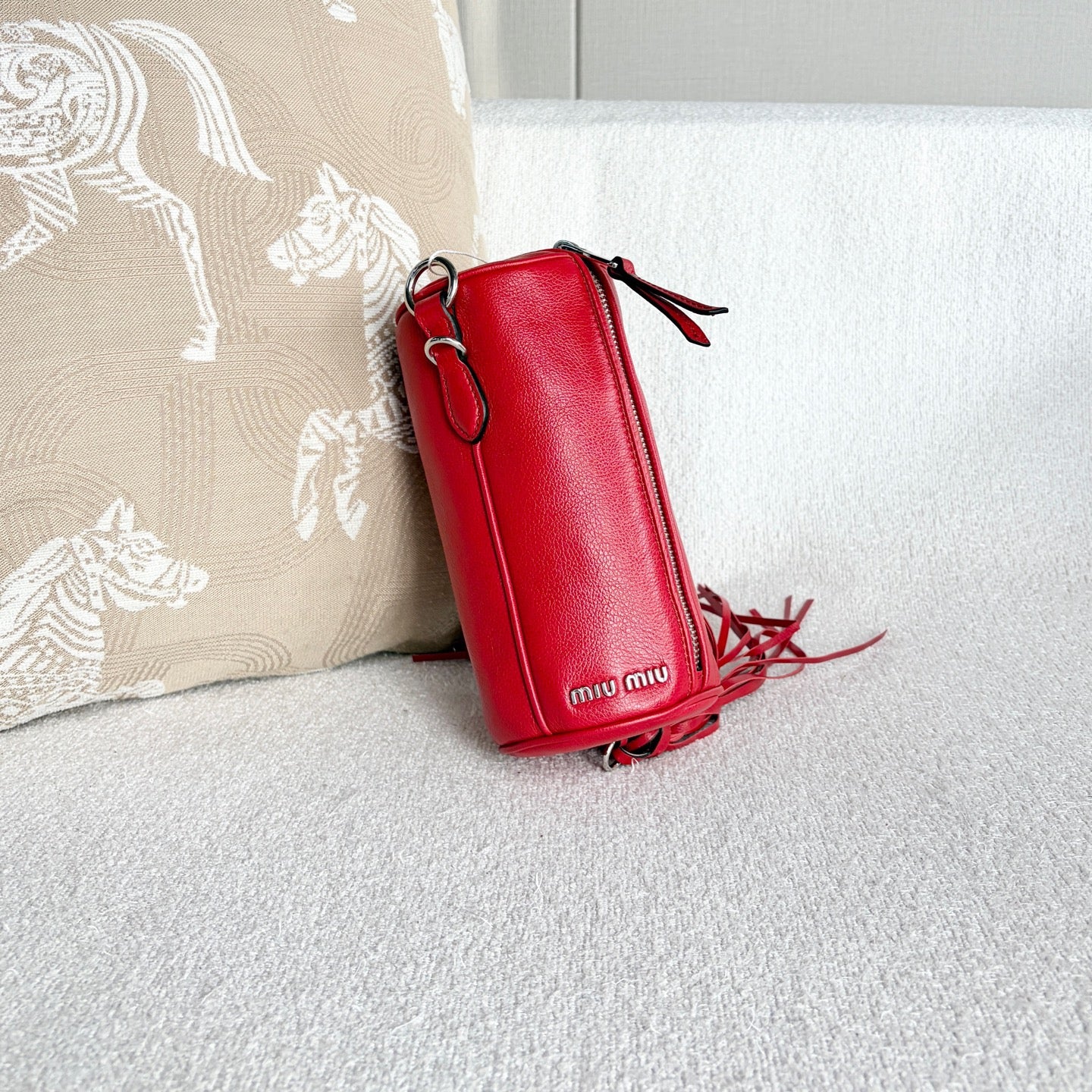 Miu Miu - Cylindrical Tassel Rhinestone Top Handle Bag - Grained leather - Red - (mini)