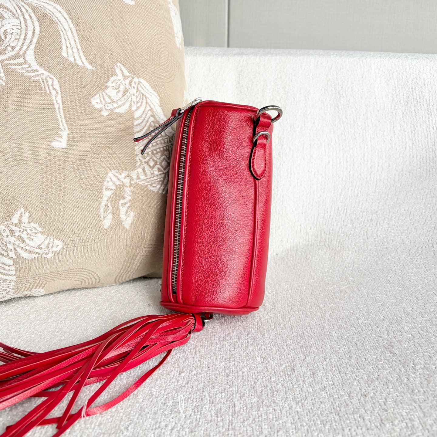 Miu Miu - Cylindrical Tassel Rhinestone Top Handle Bag - Grained leather - Red - (mini)