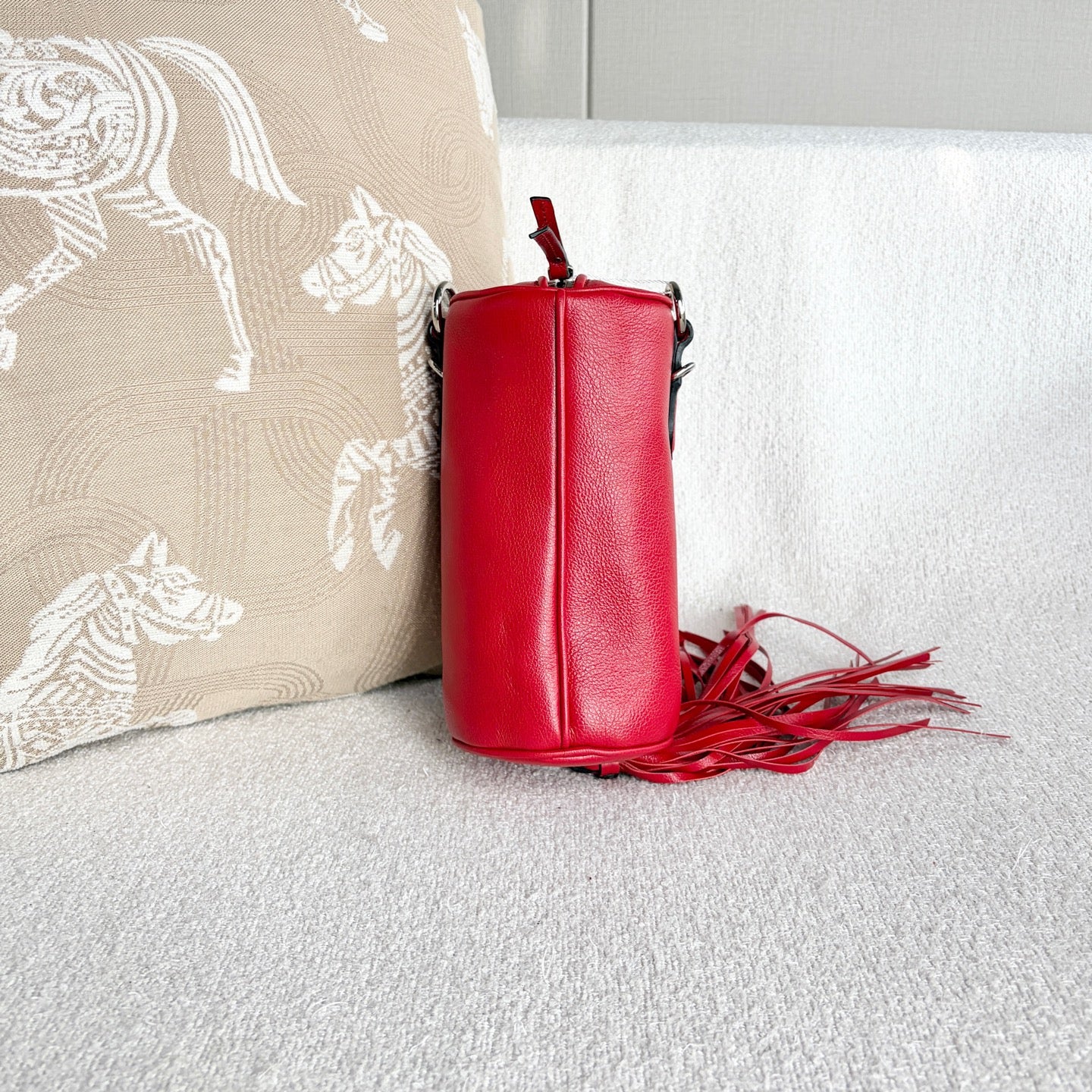 Miu Miu - Cylindrical Tassel Rhinestone Top Handle Bag - Grained leather - Red - (mini)