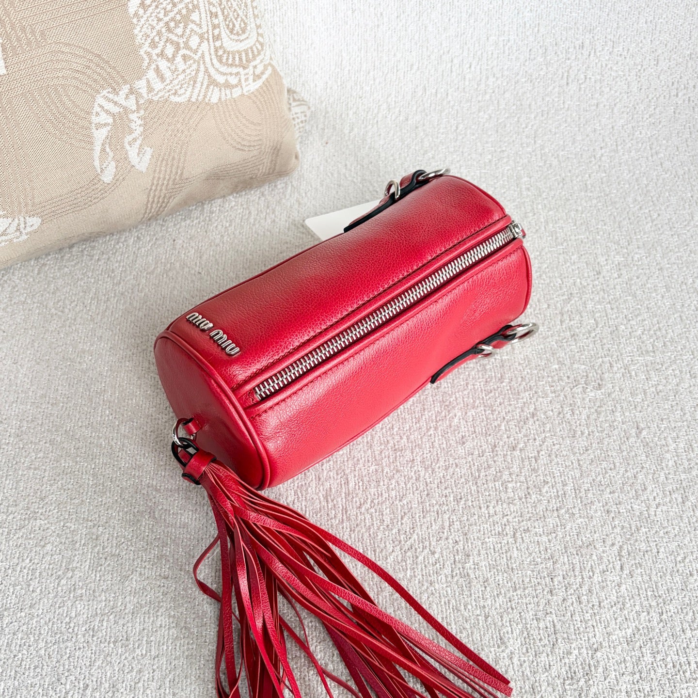 Miu Miu - Cylindrical Tassel Rhinestone Top Handle Bag - Grained leather - Red - (mini)