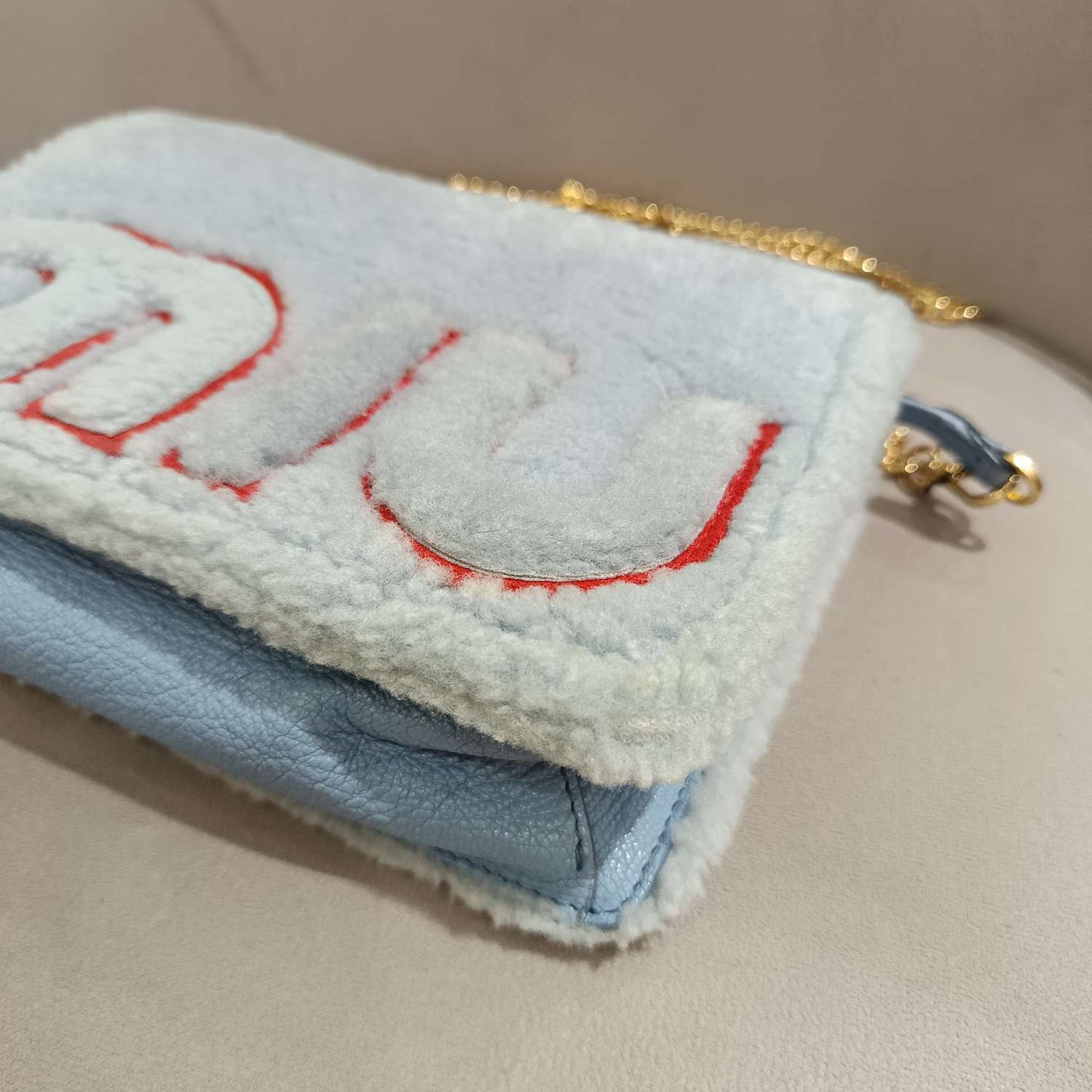 Miu Miu - Faux Fur Logo Chain Bag - Faux fur and Leather - Blue - (mini)