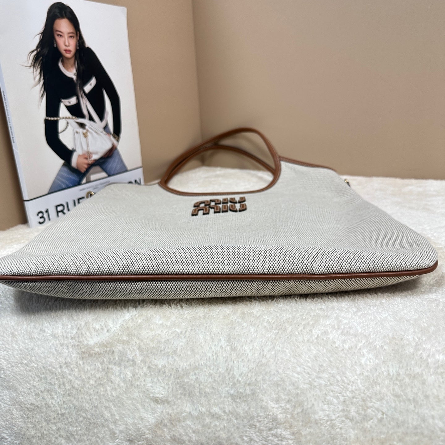Miu Miu - Ivy Hobo Tote Bag - Canvas with leather trim - Beige with Brown accents - (Medium)