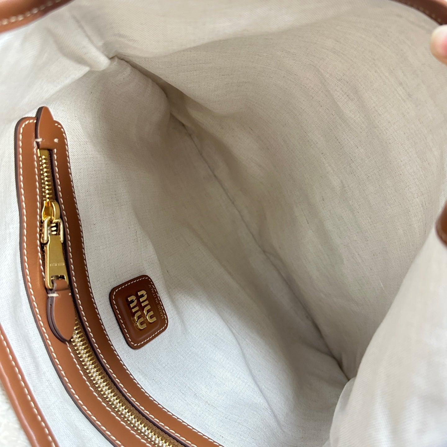 Miu Miu - Ivy Hobo Tote Bag - Canvas with leather trim - Beige with Brown accents - (Medium)