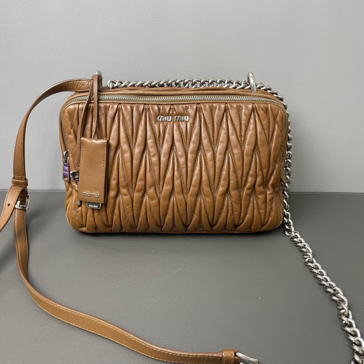 Miu Miu - Matelassé Camera Shoulder Bag - Leather - Brown - (Small)
