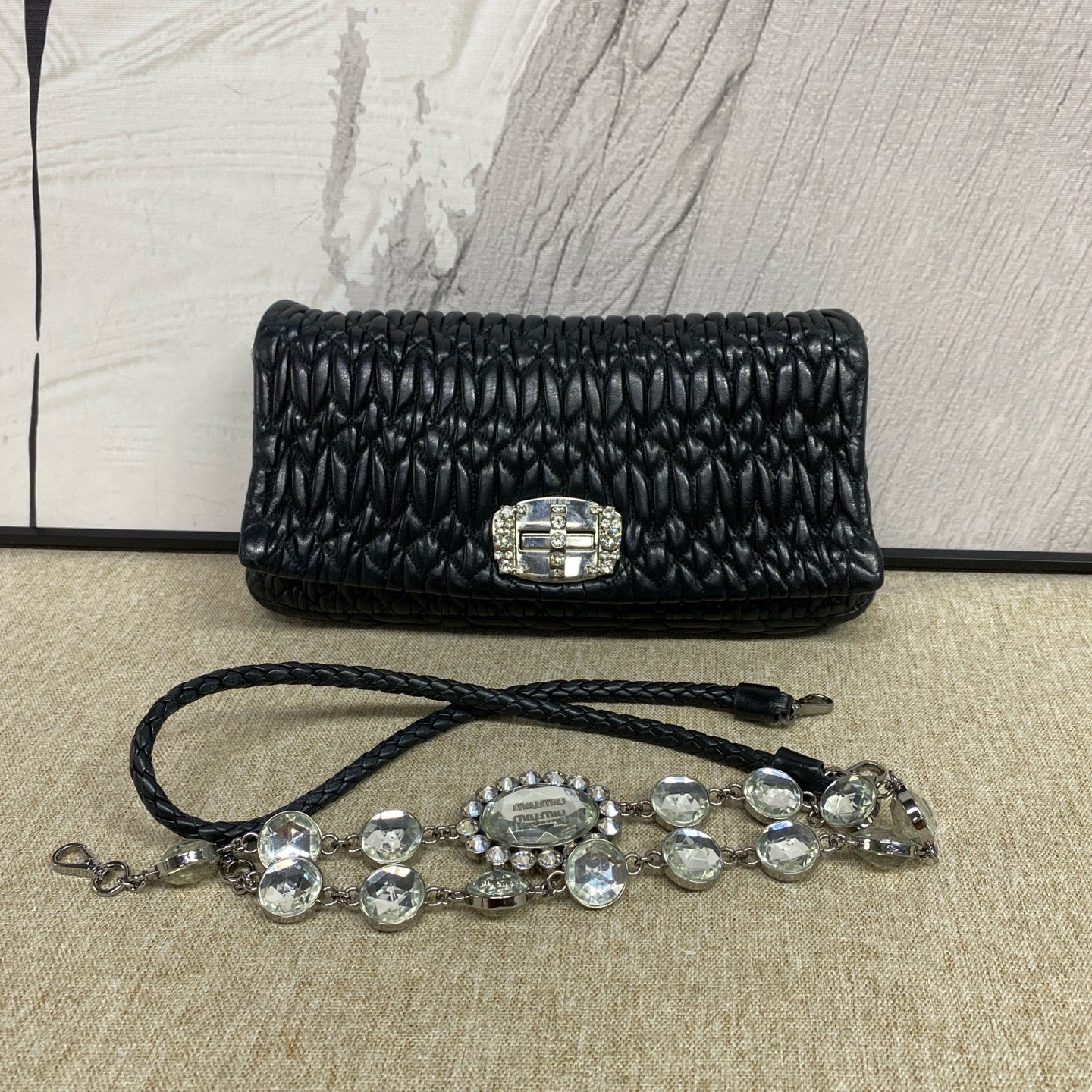 Miu Miu - Matelassé Crystal Chain Shoulder Bag - Lambskin leather - Black - (small)