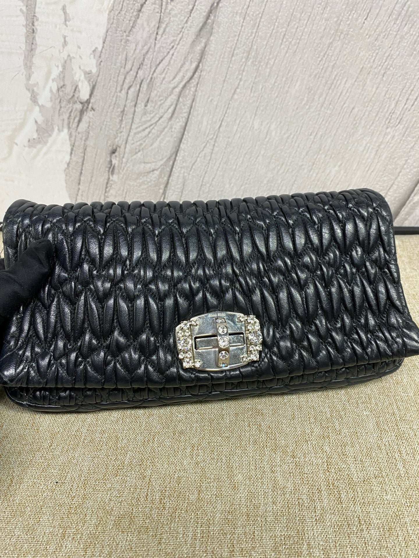 Miu Miu - Matelassé Crystal Chain Shoulder Bag - Lambskin leather - Black - (small)