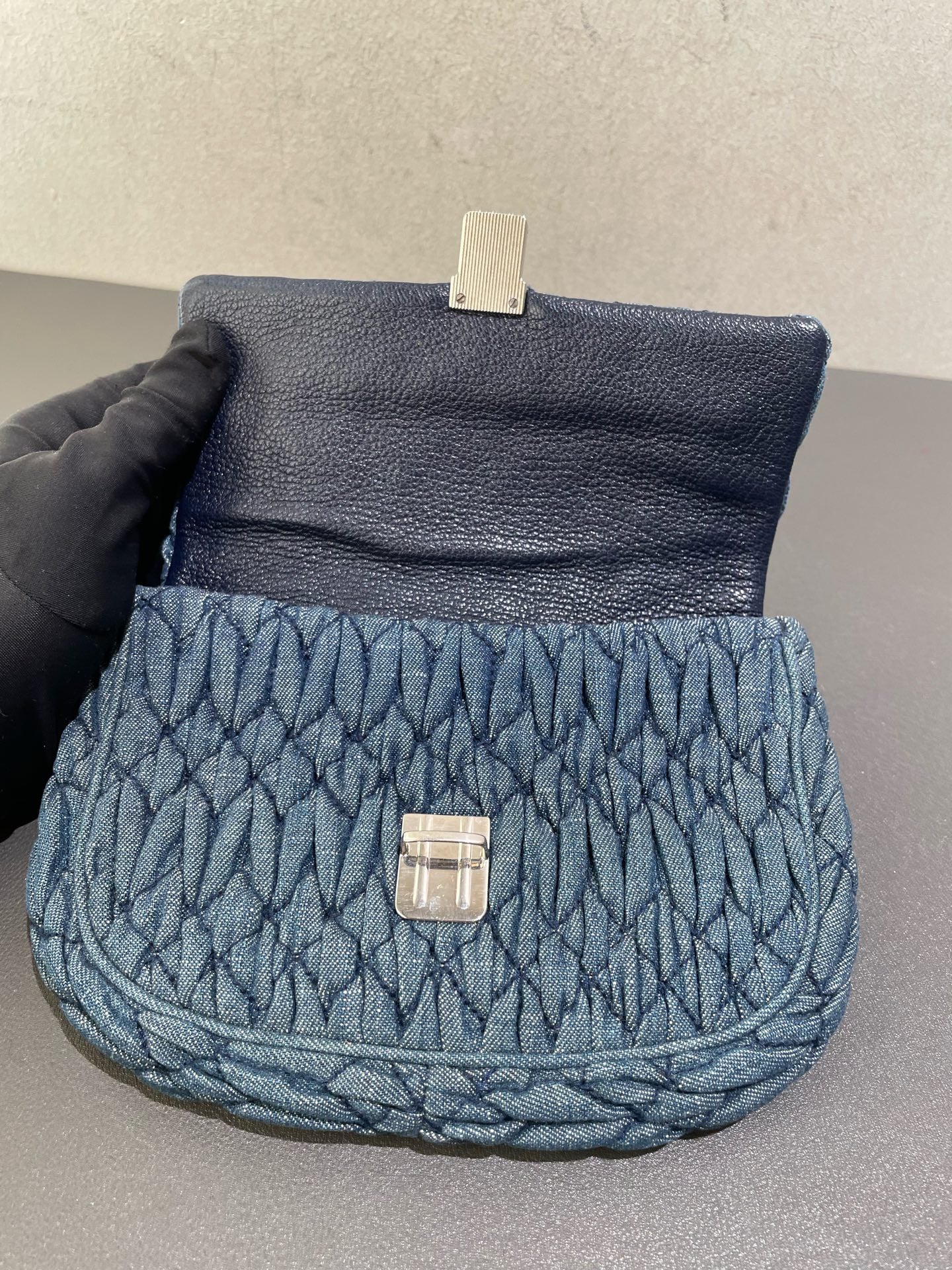 Miu Miu - Matelassé Denim Ingot Bag with Swarovski Crystal Chain - Denim with leather interior trim - Blue - (Mini)
