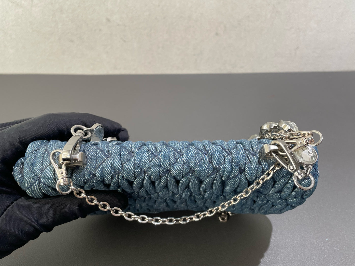 Miu Miu - Matelassé Denim Ingot Bag with Swarovski Crystal Chain - Denim with leather interior trim - Blue - (Mini)