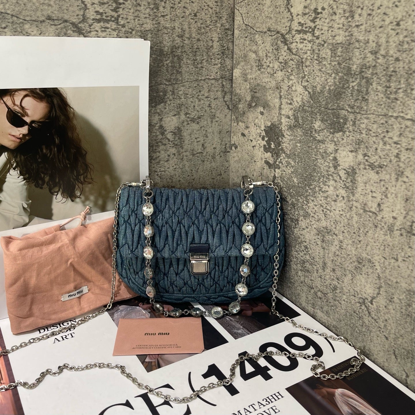 Miu Miu - Matelassé Denim Ingot Bag with Swarovski Crystal Chain - Denim with leather interior trim - Blue - (Mini)
