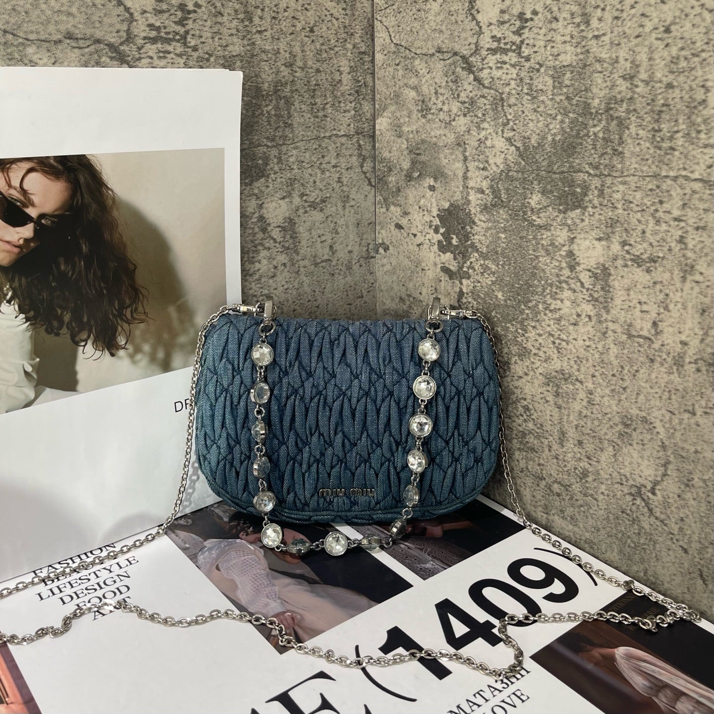 Miu Miu - Matelassé Denim Ingot Bag with Swarovski Crystal Chain - Denim with leather interior trim - Blue - (Mini)