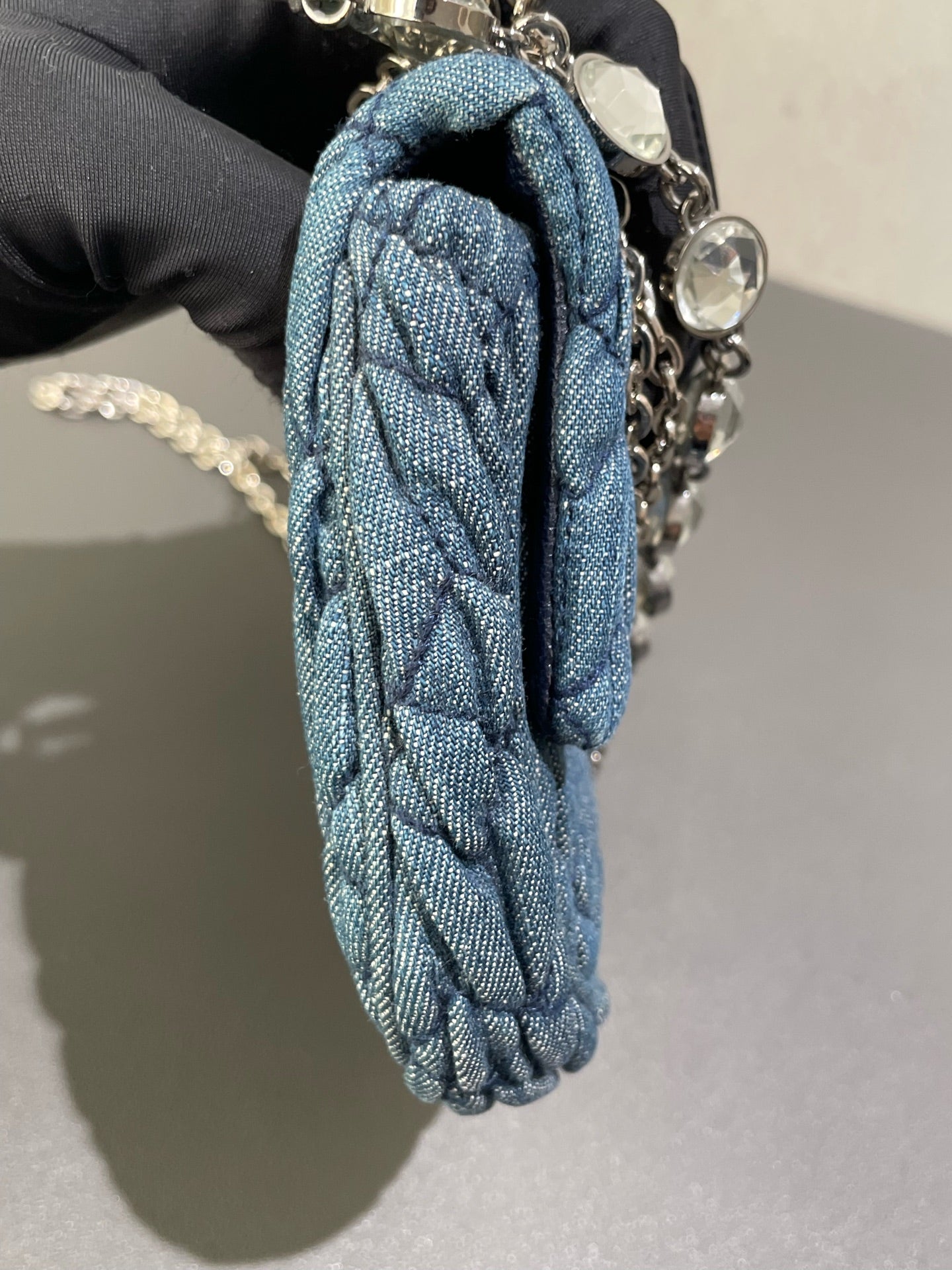 Miu Miu - Matelassé Denim Ingot Bag with Swarovski Crystal Chain - Denim with leather interior trim - Blue - (Mini)