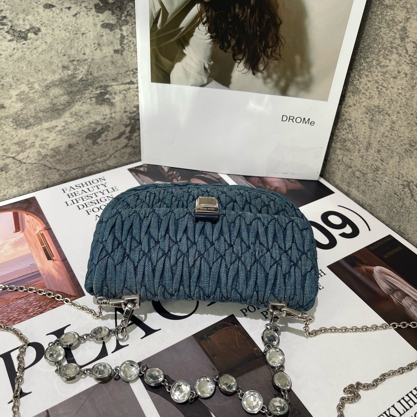 Miu Miu - Matelassé Denim Ingot Bag with Swarovski Crystal Chain - Denim with leather interior trim - Blue - (Mini)