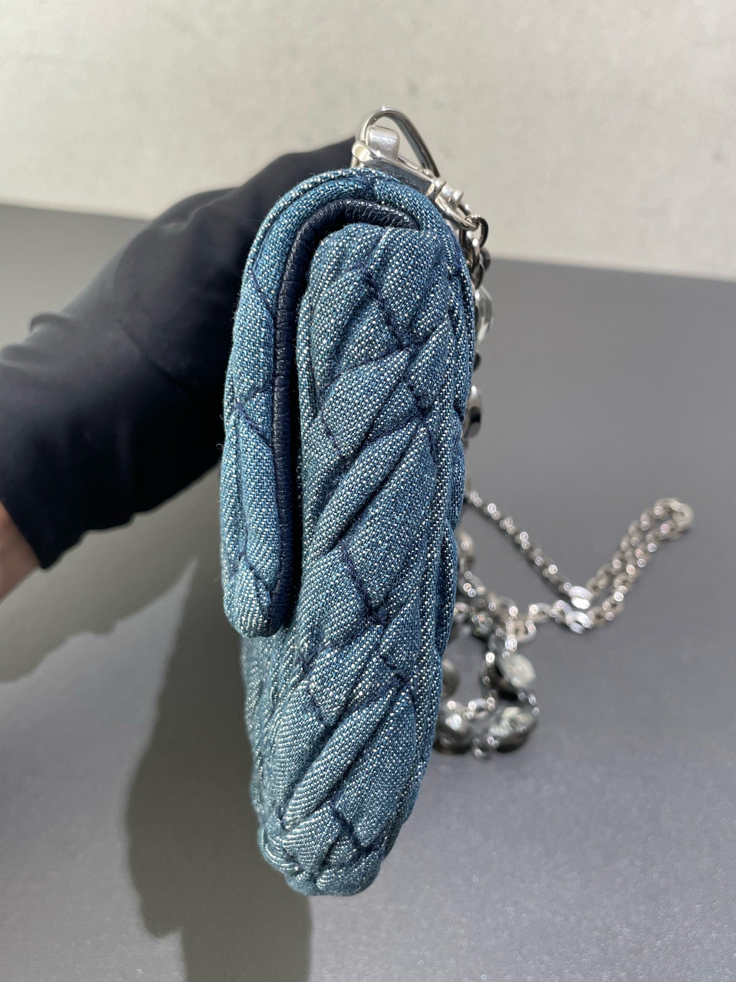 Miu Miu - Matelassé Denim Ingot Bag with Swarovski Crystal Chain - Denim with leather interior trim - Blue - (Mini)