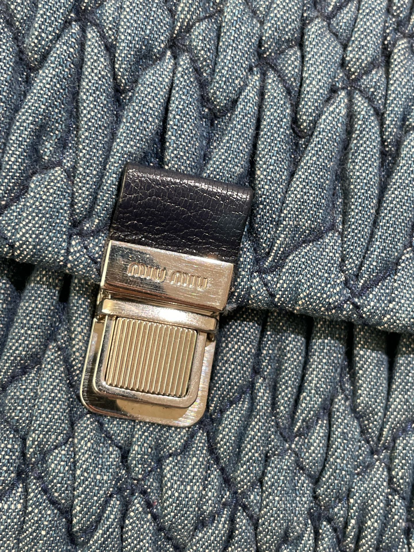Miu Miu - Matelassé Denim Ingot Bag with Swarovski Crystal Chain - Denim with leather interior trim - Blue - (Mini)