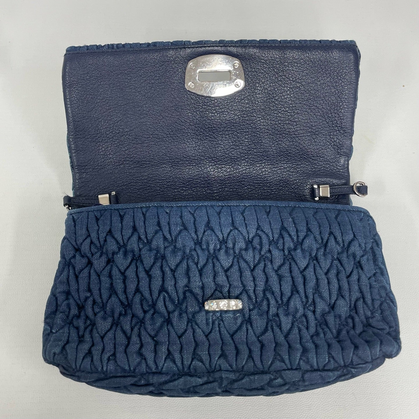 Miu Miu - Matelassé Denim Rhinestone Clutch - Denim - Navy - (small)