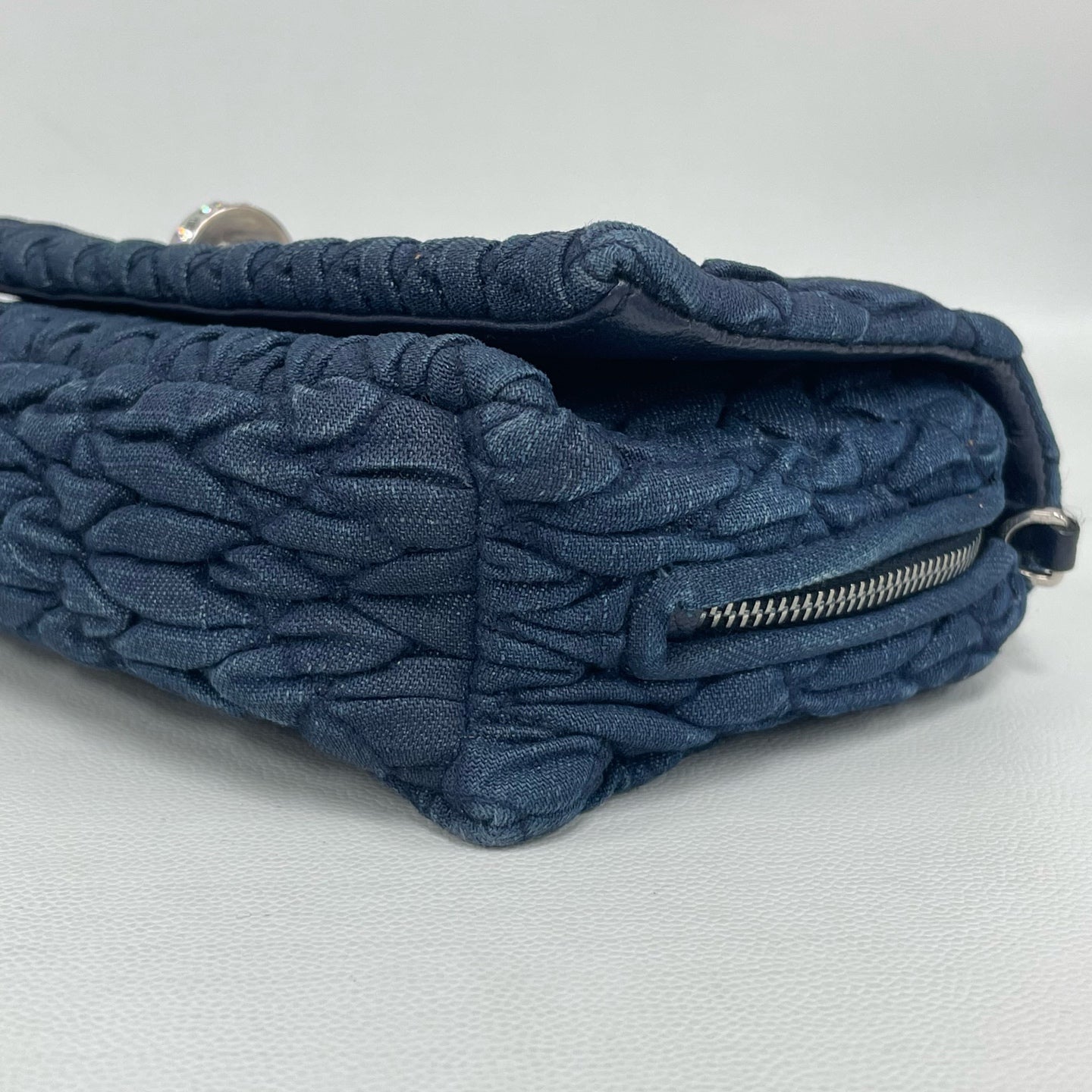 Miu Miu - Matelassé Denim Rhinestone Clutch - Denim - Navy - (small)