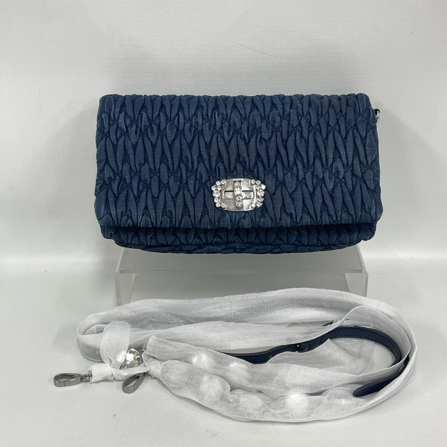 Miu Miu - Matelassé Denim Rhinestone Clutch - Denim - Navy - (small)