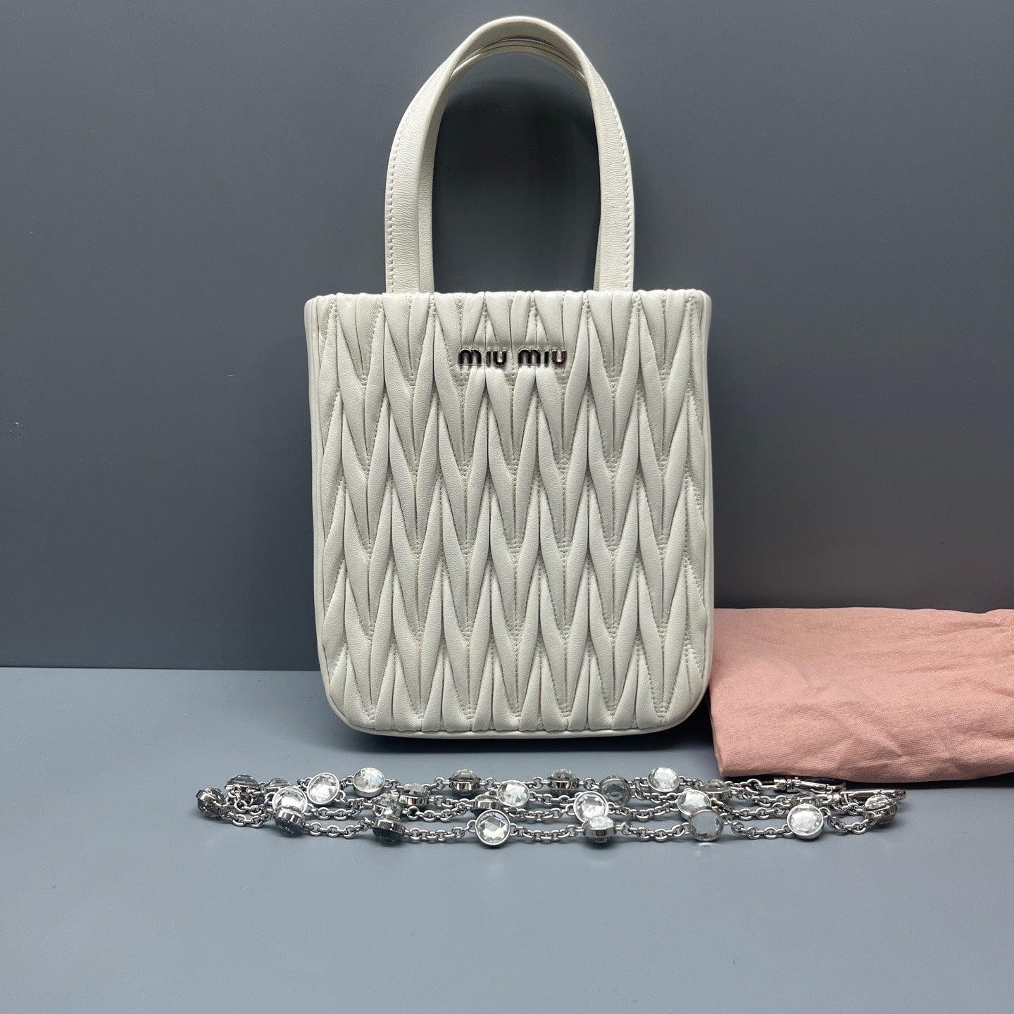 Miu Miu - Matelassé Mini Jeweled Chain Tote Bag - Leather - White - (mini)