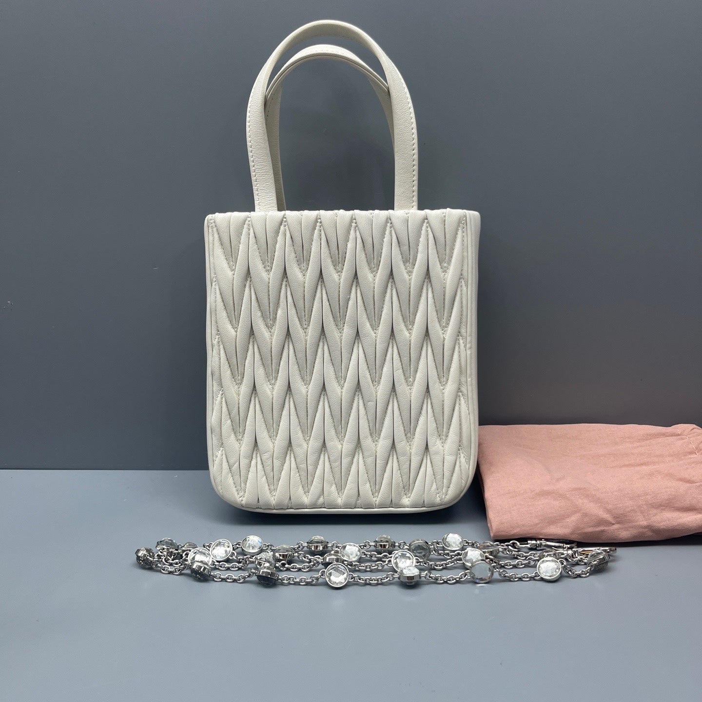 Miu Miu - Matelassé Mini Jeweled Chain Tote Bag - Leather - White - (mini)