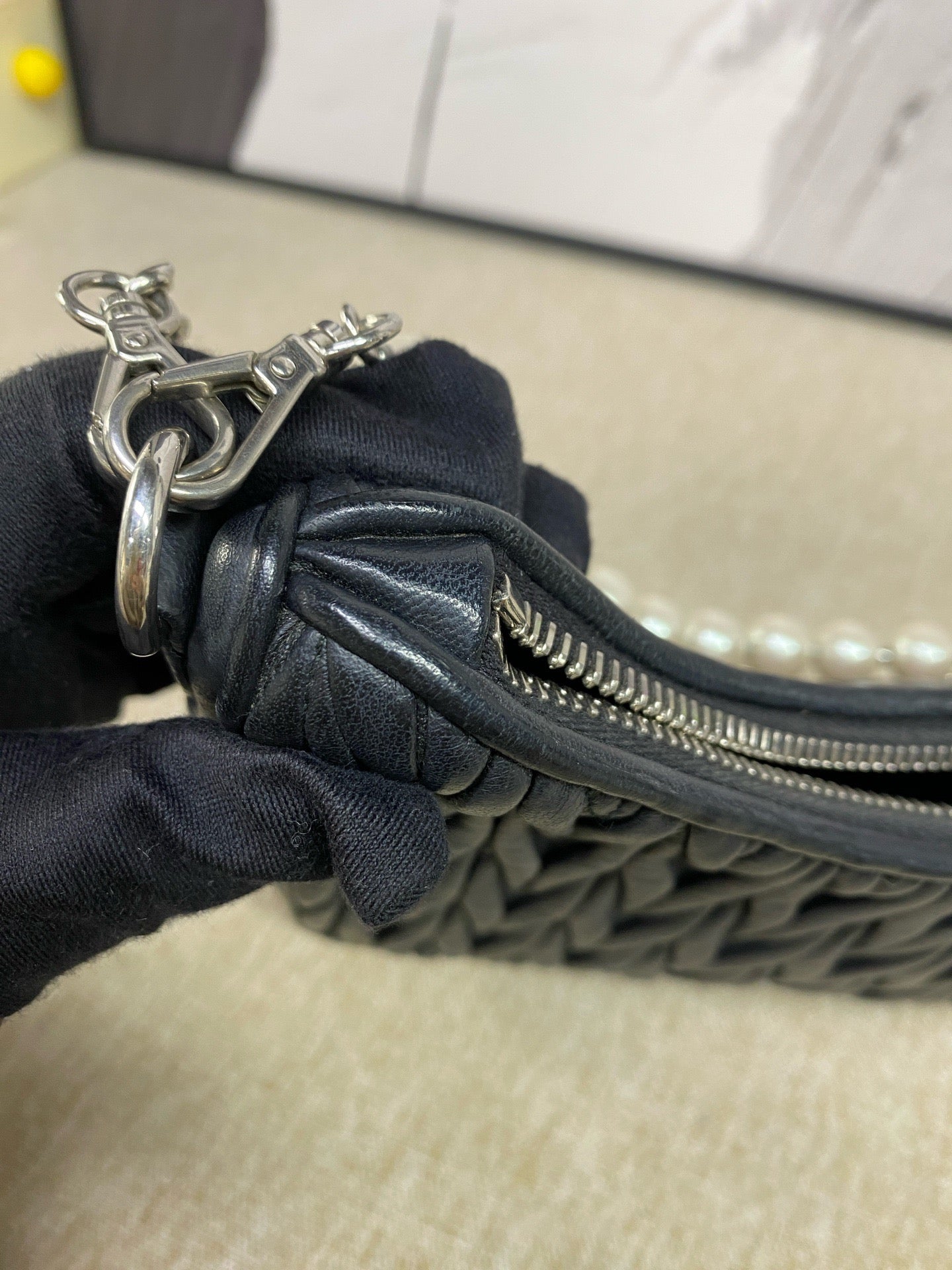Miu Miu - Matelassé Pearl Chain Hobo Bag - Lambskin leather - Black - (mini)