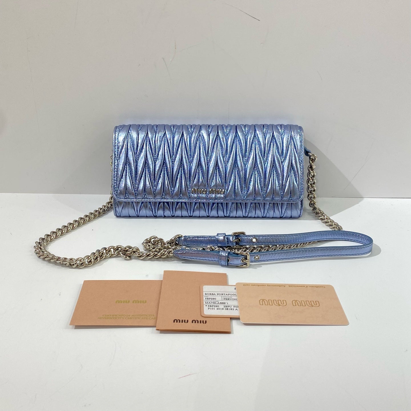 Miu Miu - Matelassé Wallet on Chain - Metallic lambskin leather - Pearlescent Blue with Silver-tone Hardware - (mini)