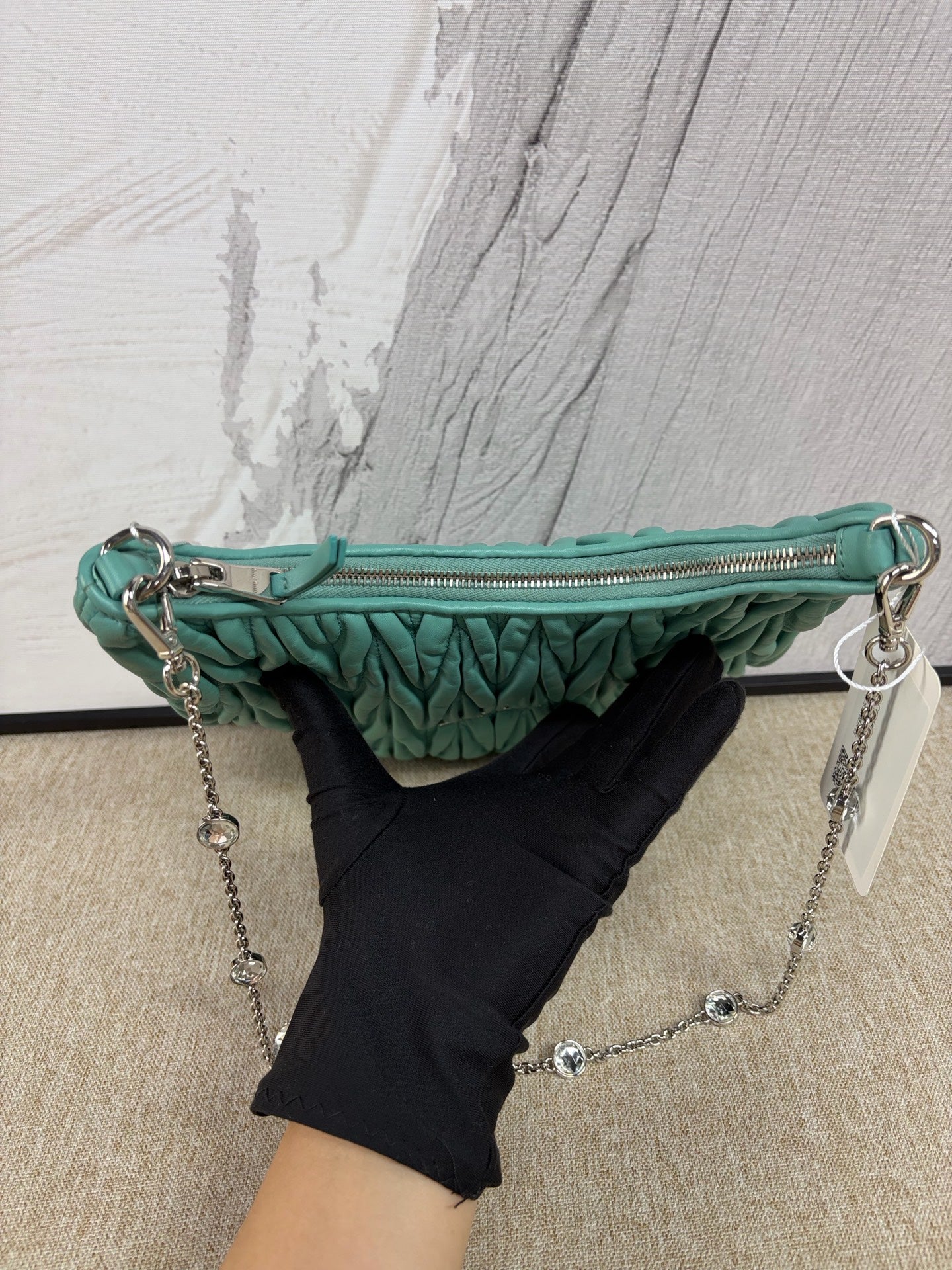 Miu Miu - Pleated Hobo Gem Crystal Chain Bag - Lambskin leather - Green - (Medium)