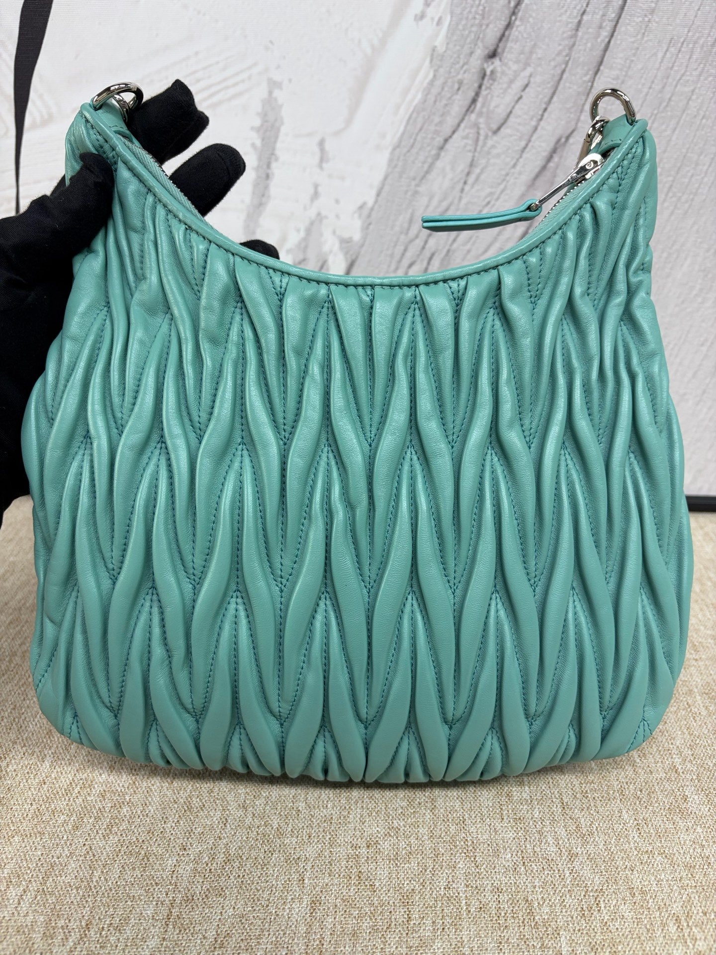Miu Miu - Pleated Hobo Gem Crystal Chain Bag - Lambskin leather - Green - (Medium)