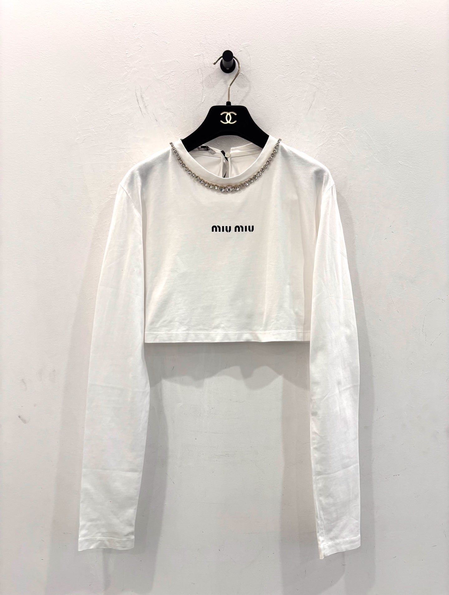Miu Miu - Rhinestone Embellished Logo Long-Sleeve Cropped Tee - Cotton - White - (S)