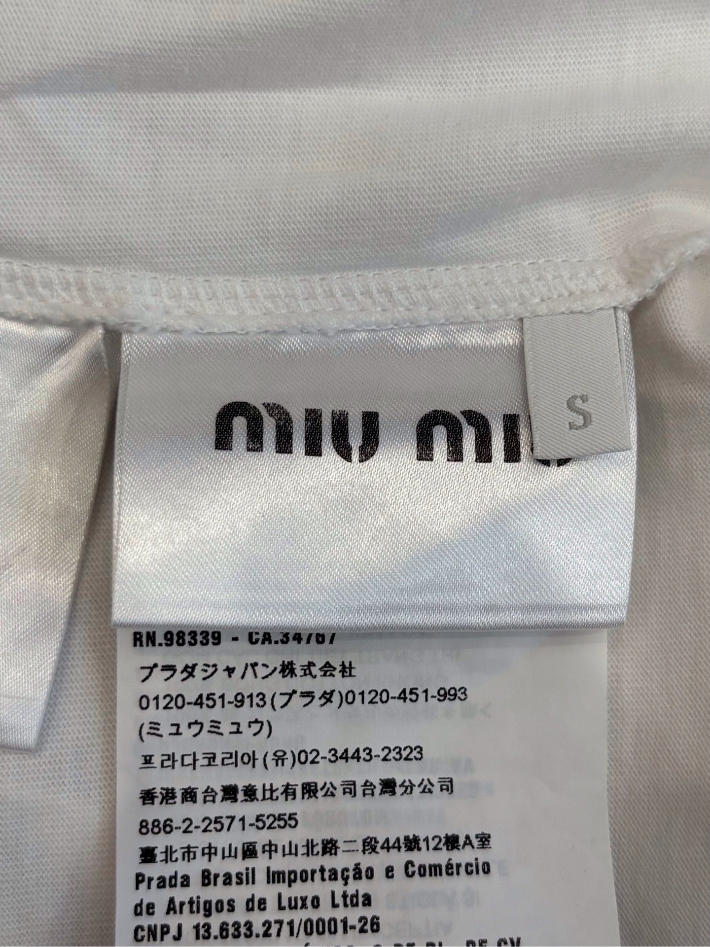 Miu Miu - Rhinestone Embellished Logo Long-Sleeve Cropped Tee - Cotton - White - (S)