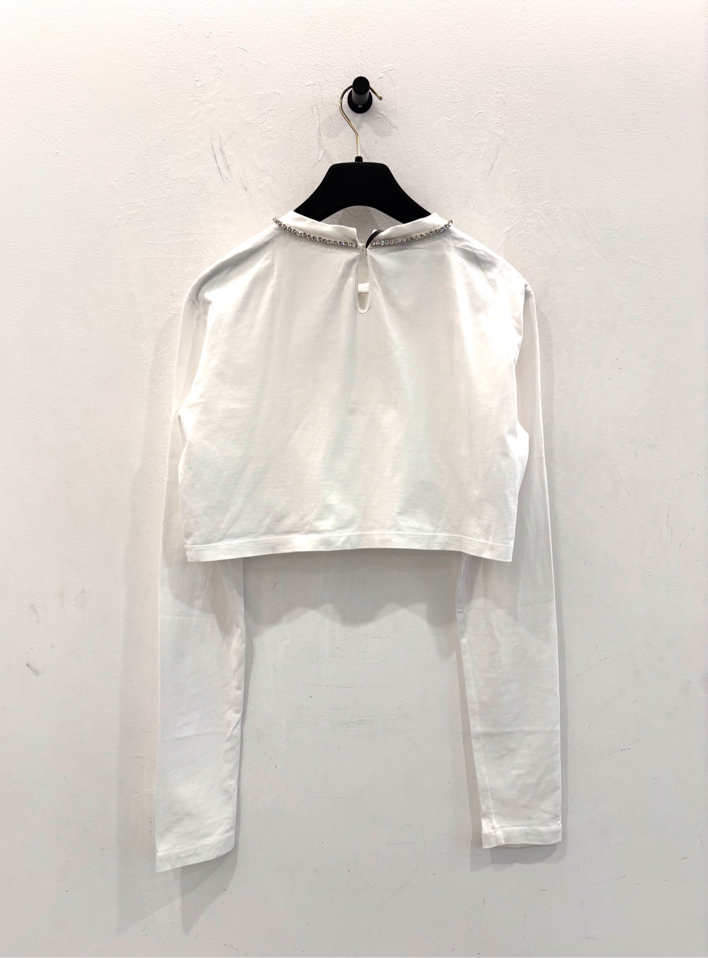 Miu Miu - Rhinestone Embellished Logo Long-Sleeve Cropped Tee - Cotton - White - (S)