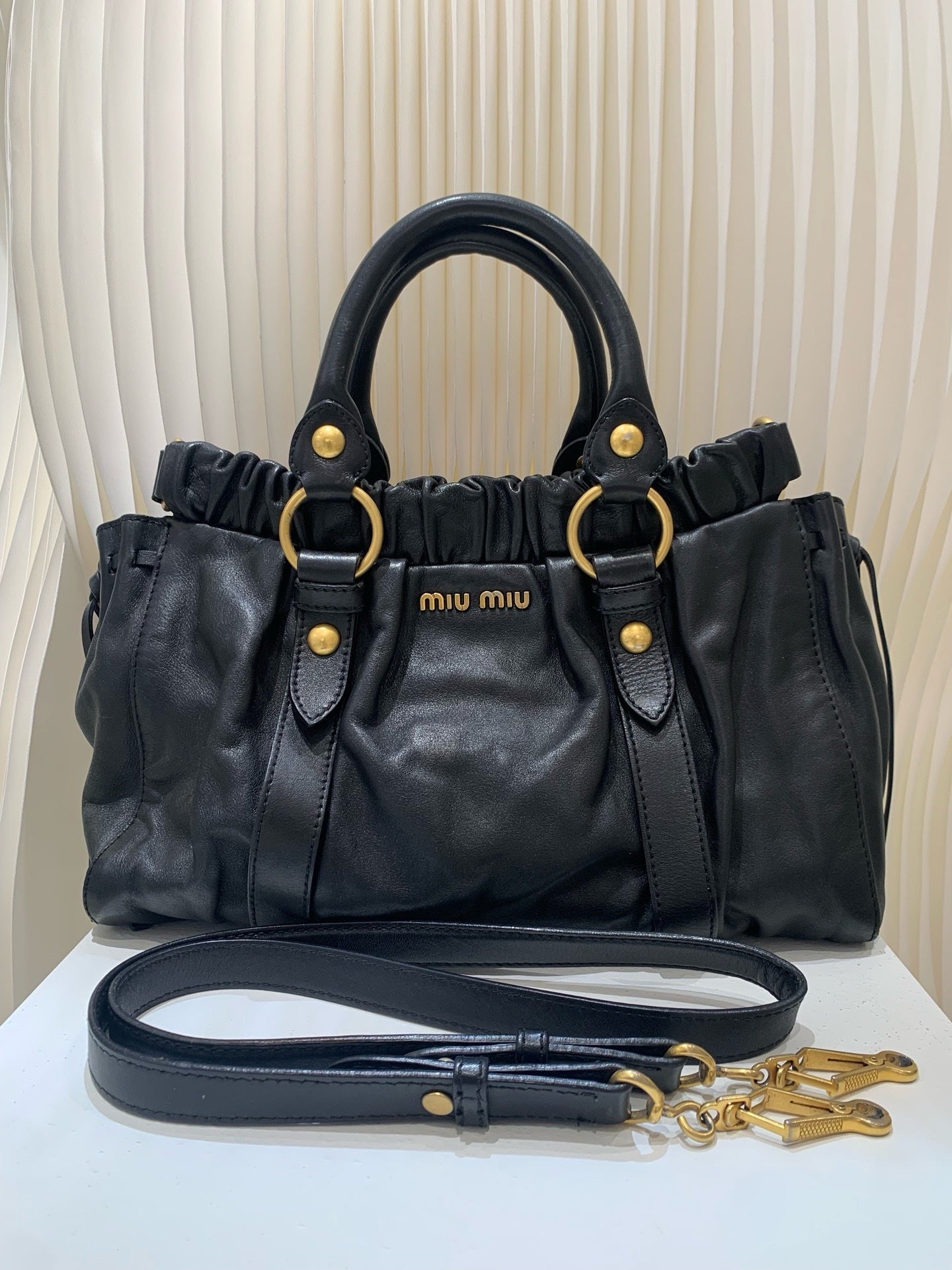 Miu Miu - Ribbon Tote Bag - Leather - Black - (Other)