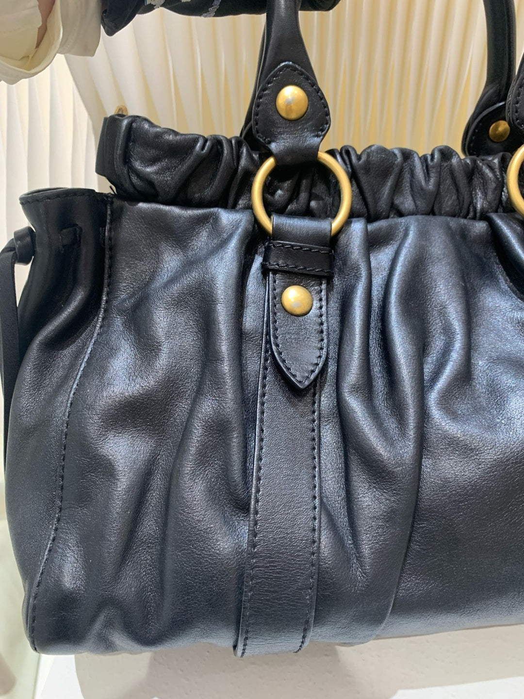 Miu Miu - Ribbon Tote Bag - Leather - Black - (Other)